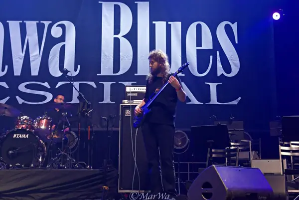 Basista na scenie Rawa Blues Festival w niebieskim świetle